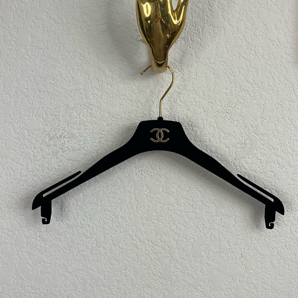 Coco Chanel CC Velvet Flocked Gold Logo Hanger Suit Dress Cami Jacket